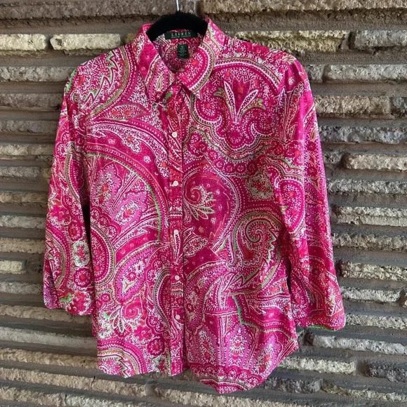 Lauren Ralph Lauren Pink Paisley Lightweight 100% Cotton Button Front Shirt - Picture 2 of 4